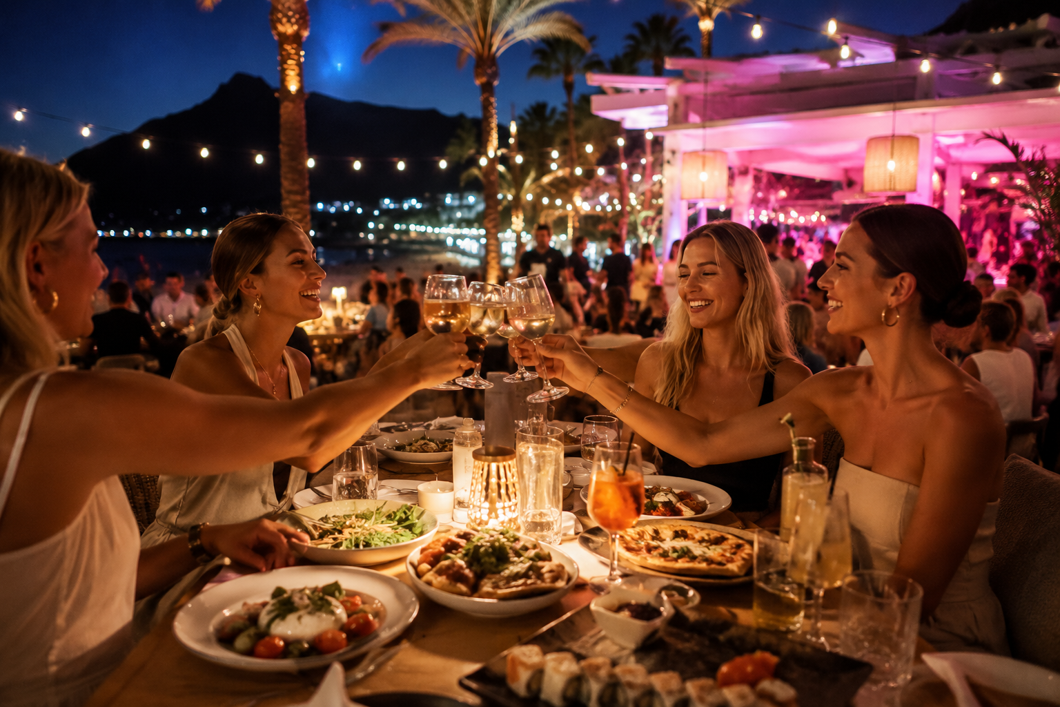 Friends toasting with wine over dinner at a lively beach club in Marbella at night