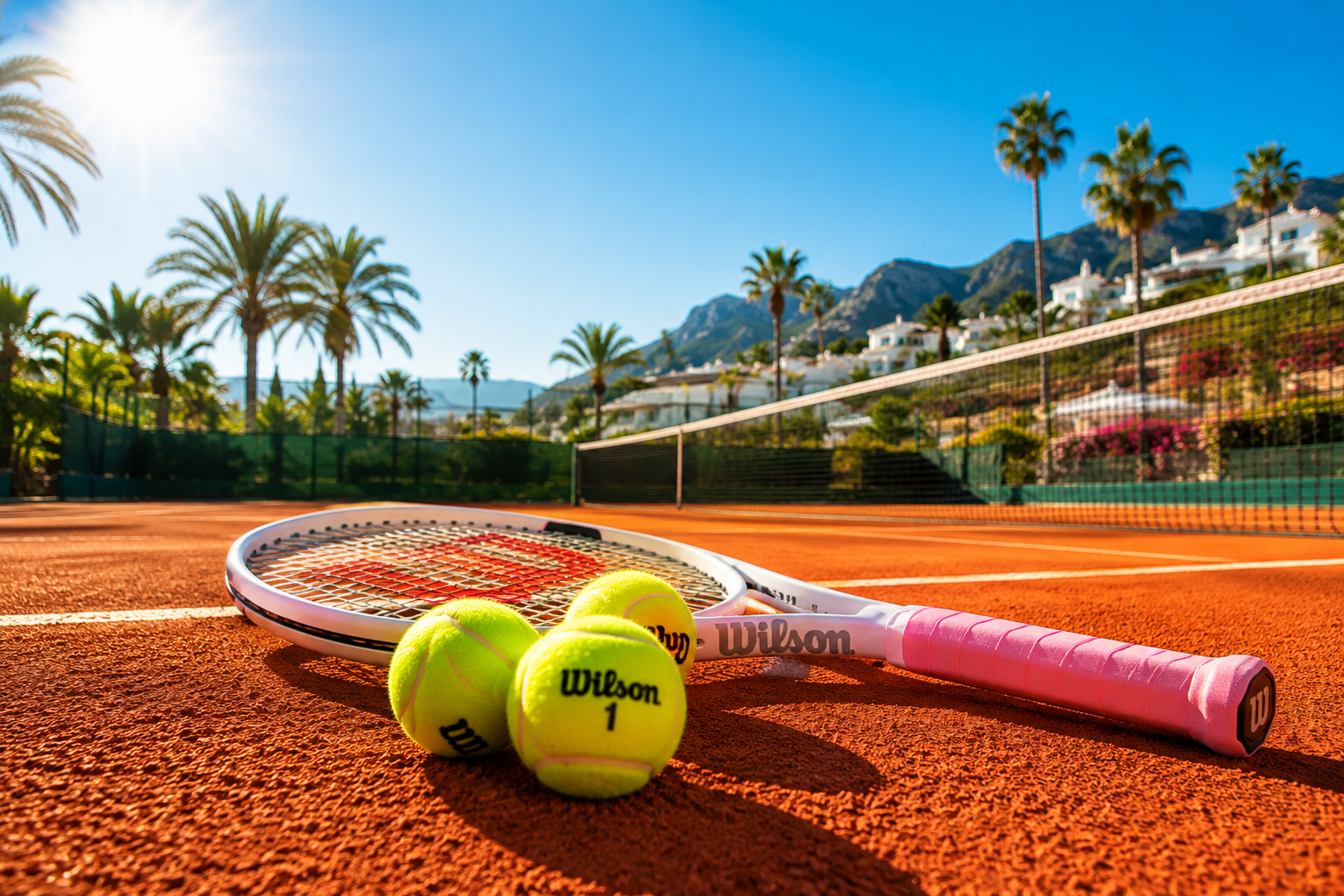 Wilson tennis racket and balls on a sunlit clay court with palm trees and Marbella villas in the background